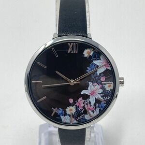 Kimomt Watch Women 38mm Silver Tone Black Floral Dial New Battery 8.5"